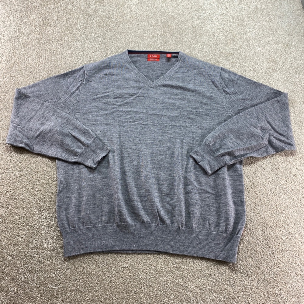 IZOD Sweater Mens XL Gray V-Neck Washable Wool Blend‎ Pullover Long Sleeve